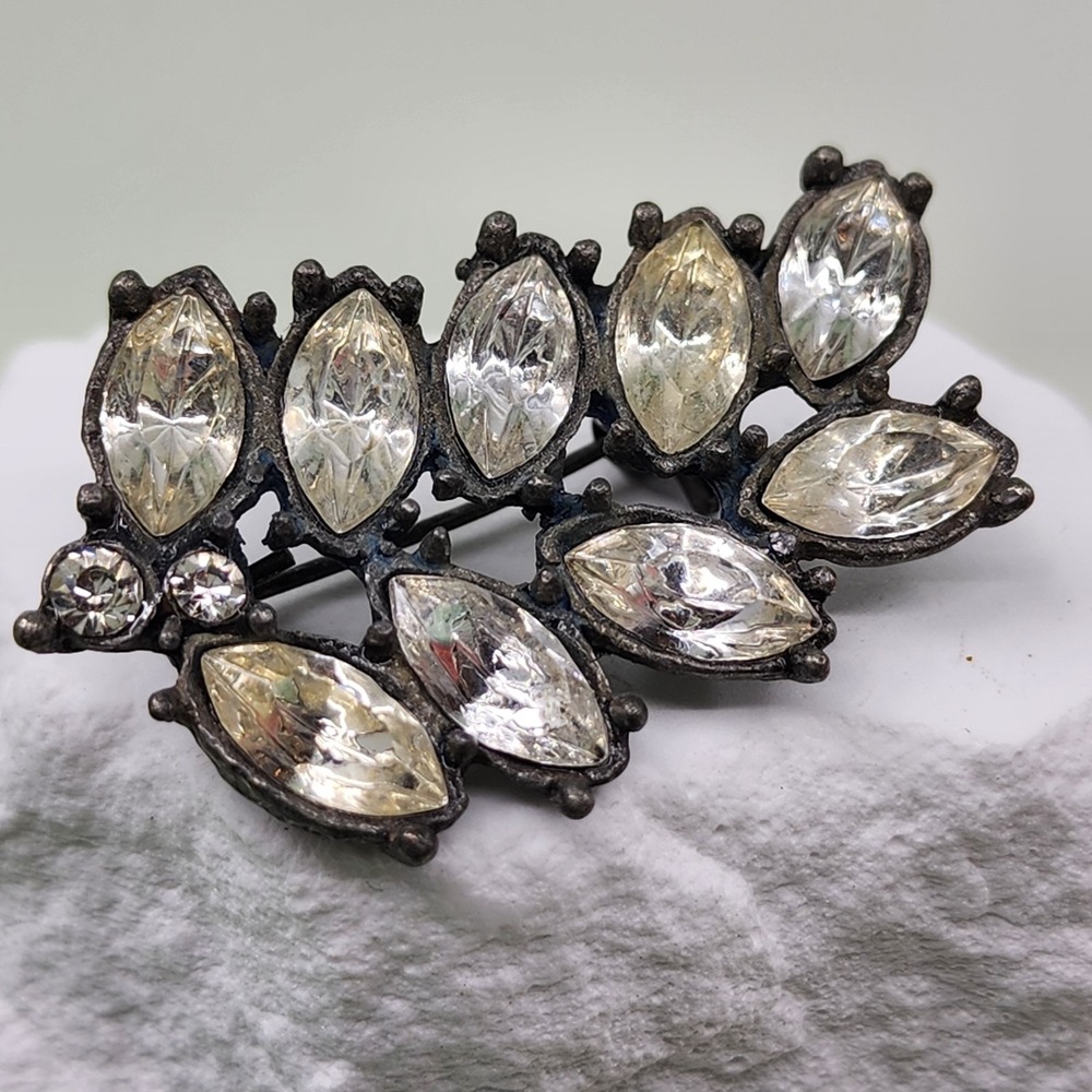 Clear Rhinestone Leaf Brooch Dark Silver Tone Marquise Crystal Statement Pin